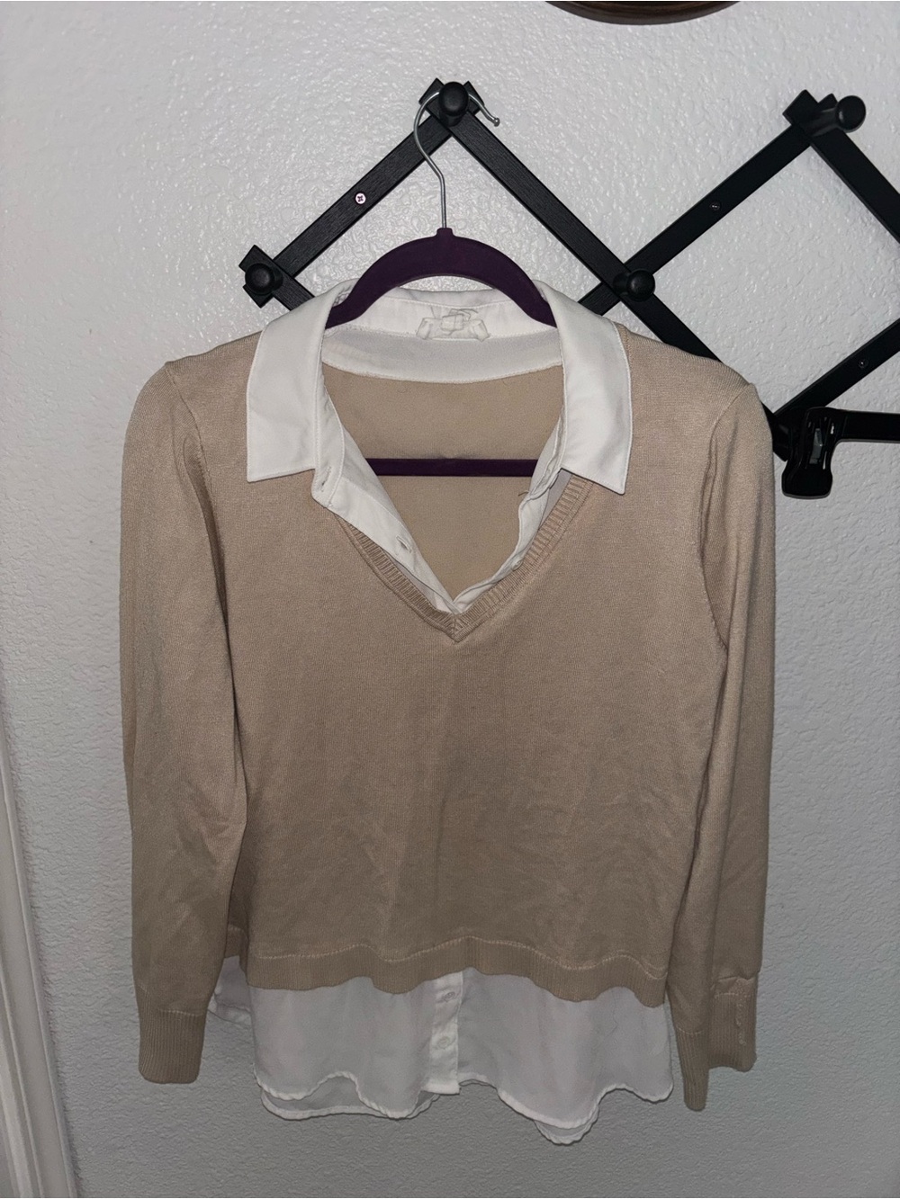 Rio & Rian Layered Collared Sweater Beige Preppy Office Chic Large Top - Picture 2 of 4
